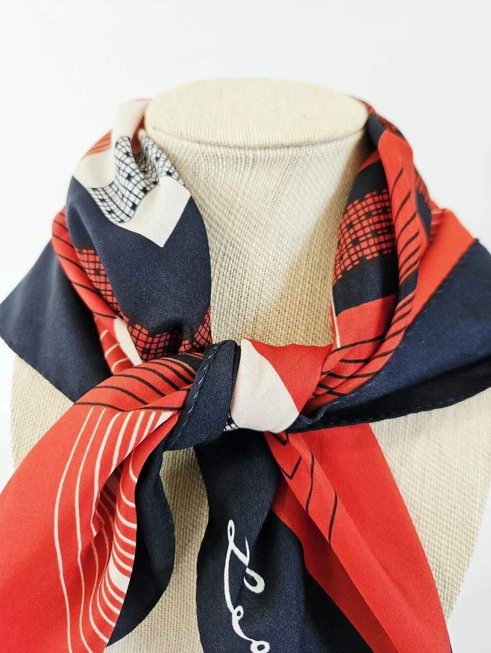 Vintage Leonardi Large '80s Geometric Black Red Striped Neck Head Scarf Foulard